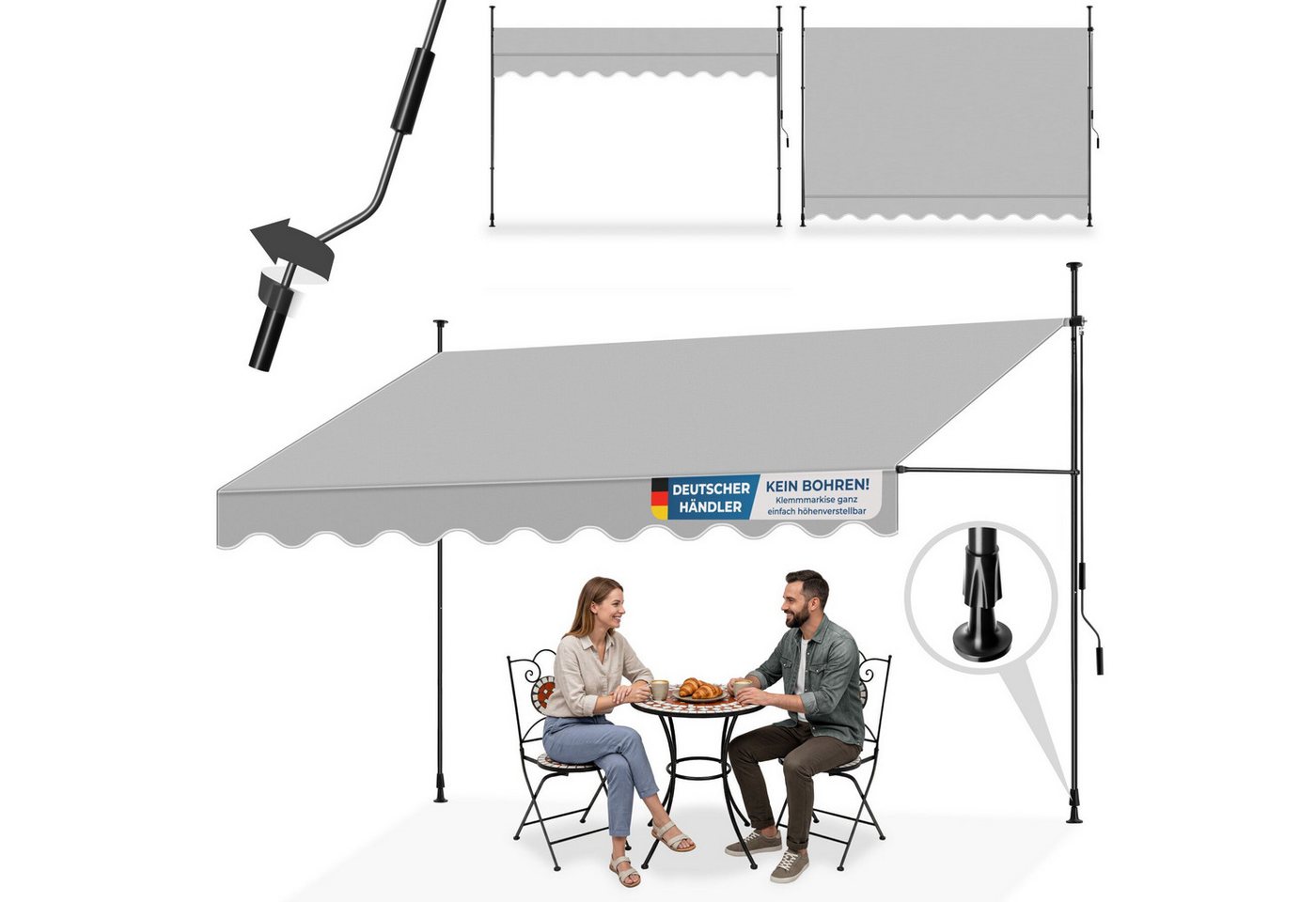 tectake Klemm-Senkrechtmarkise Klemmmarkise mit Handkurbel und bis 90° neigbar, UV-beständig (Sichtschutz/Sonnenschutz, Balkonmarkise für Terrasse und Garten, in hellgrau mit UV-Schutz 50) 180 x 350 x 304 cm, höhenverstellbar 211 - 304 cm, wasserabweisend Bild 5