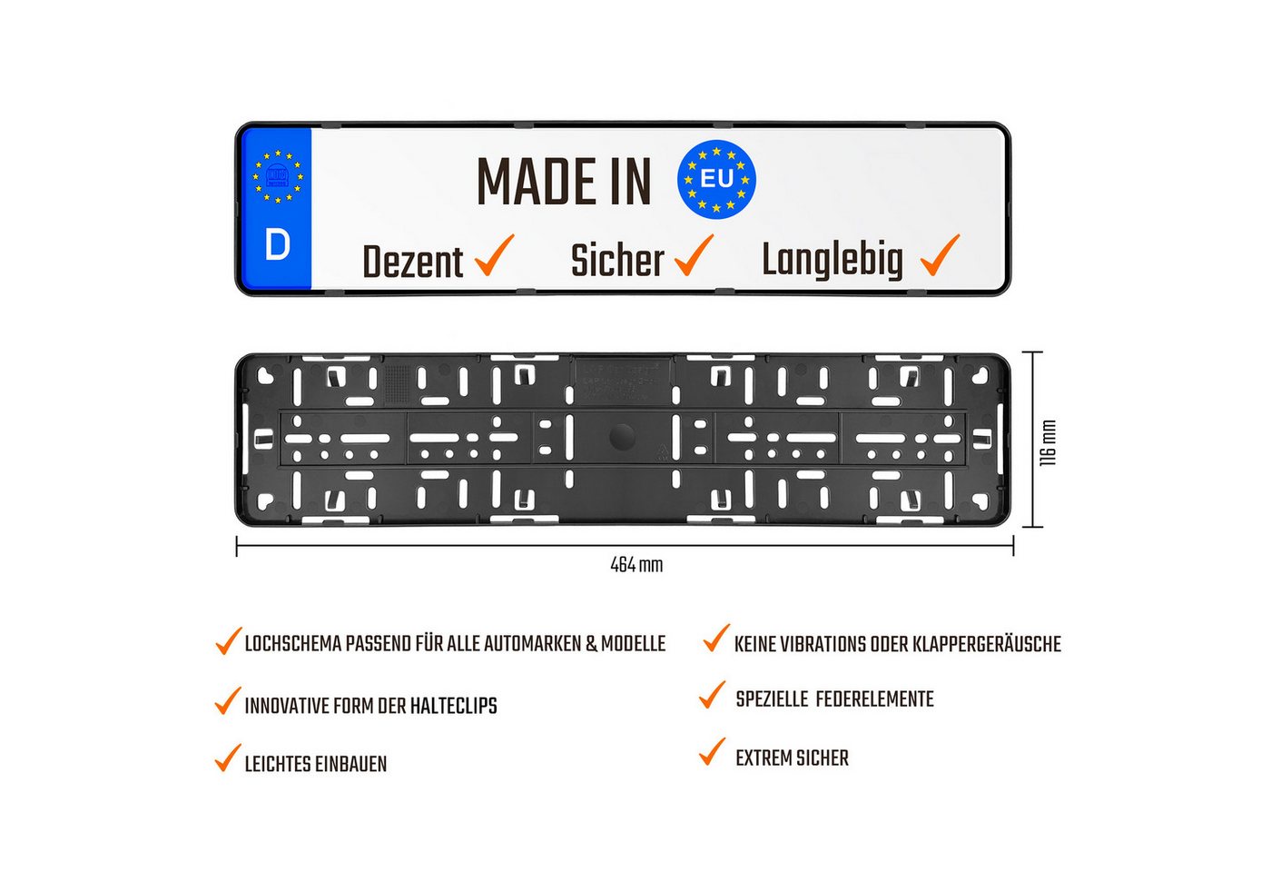 L & P Car Design Kennzeichenhalter 460mm für Auto rahmenlos Schwarz dezent sicher langlebig, (2-St)
