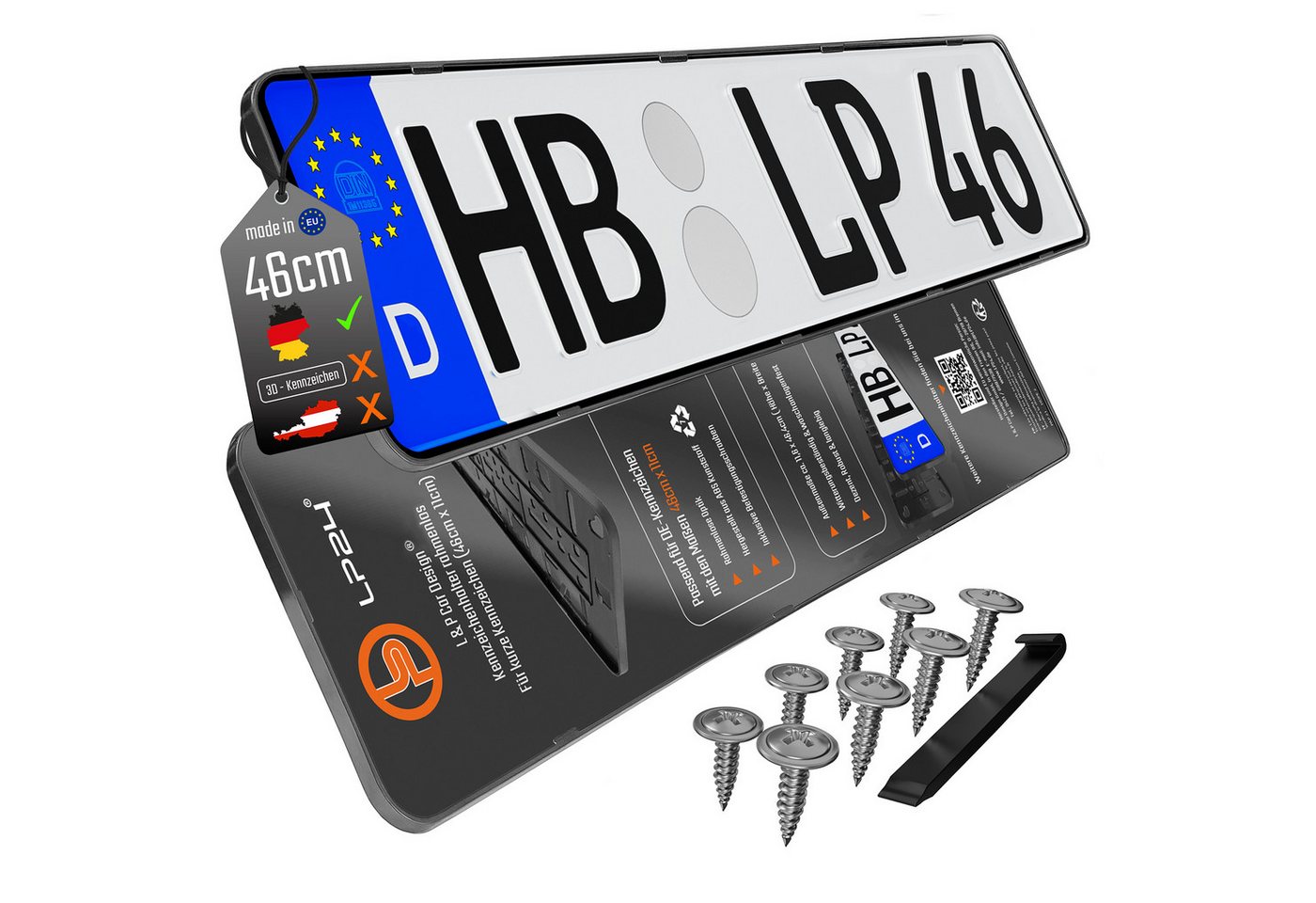 L & P Car Design Kennzeichenhalter 460mm für Auto rahmenlos Schwarz dezent sicher langlebig, (2-St) Bild 4