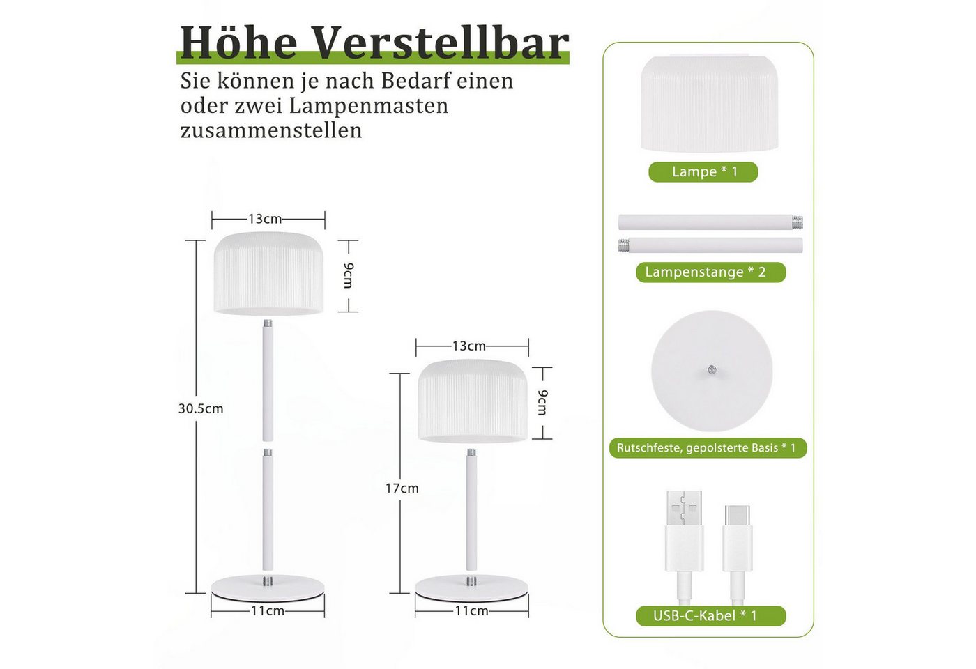 Nettlife LED Tischleuchte Kabellos Weiß Touch Höhenverstellbar Dimmbar (3000K-6500K) USB-C, Höhenverstellbar, LED fest integriert, USB-C Aufladbar Tischleuchte für Indoor Outdoor