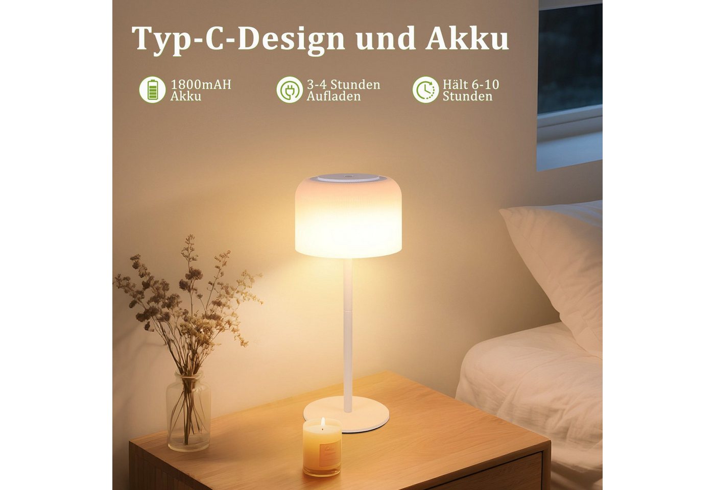 Nettlife LED Tischleuchte Kabellos Weiß Touch Höhenverstellbar Dimmbar (3000K-6500K) USB-C, Höhenverstellbar, LED fest integriert, USB-C Aufladbar Tischleuchte für Indoor Outdoor Bild 4