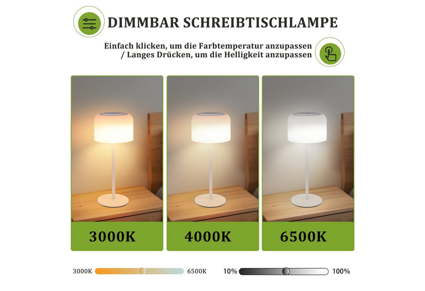 Nettlife LED Tischleuchte Kabellos Weiß Touch Höhenverstellbar Dimmbar (3000K-6500K) USB-C, Höhenverstellbar, LED fest integriert, USB-C Aufladbar Tischleuchte für Indoor Outdoor Bild 5