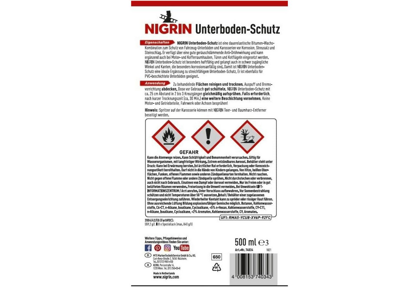 NIGRIN Rostschutzgrundierung 6x Unterboden-Schutz Spray Bitumen Schwarz 500ml, 6-tlg., Spray-Dose Korrosionsschutz Korrosion Streusalz Steinschlag Auto Bild 3