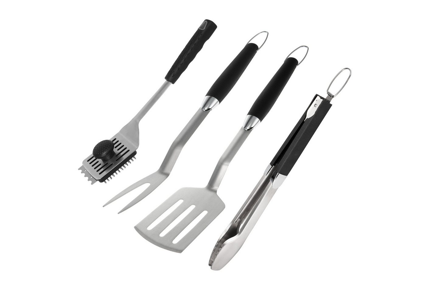 bremermann Grillbesteck-Set aus Edelstahl - Zange, Grillwender, Fleischgabel & Bürste, (1x Fleischgabel, 1x Wender, 1x Zange, 1x 2-in-1 Grillbürste + Zusatz-Bürstenelement, 4 tlg)
