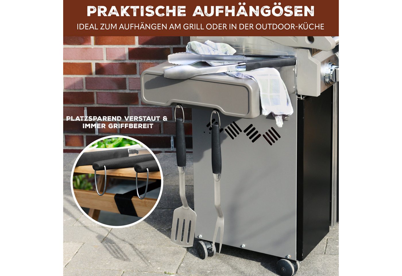 bremermann Grillbesteck-Set aus Edelstahl - Zange, Grillwender, Fleischgabel & Bürste, (1x Fleischgabel, 1x Wender, 1x Zange, 1x 2-in-1 Grillbürste + Zusatz-Bürstenelement, 4 tlg) Bild 2