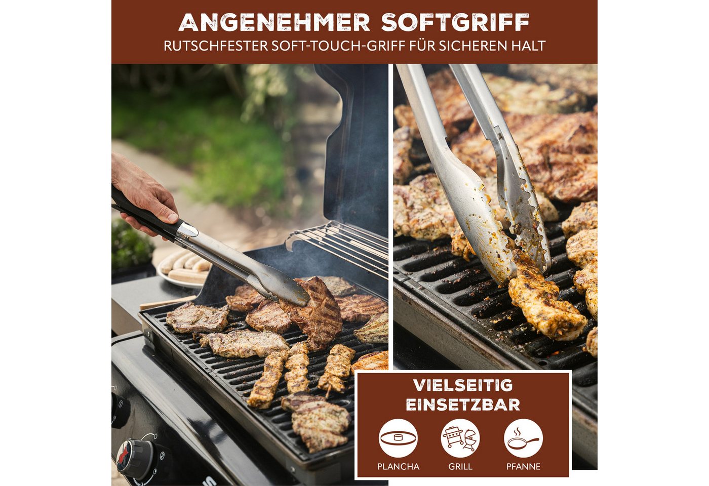 bremermann Grillbesteck-Set aus Edelstahl - Zange, Grillwender, Fleischgabel & Bürste, (1x Fleischgabel, 1x Wender, 1x Zange, 1x 2-in-1 Grillbürste + Zusatz-Bürstenelement, 4 tlg) Bild 3