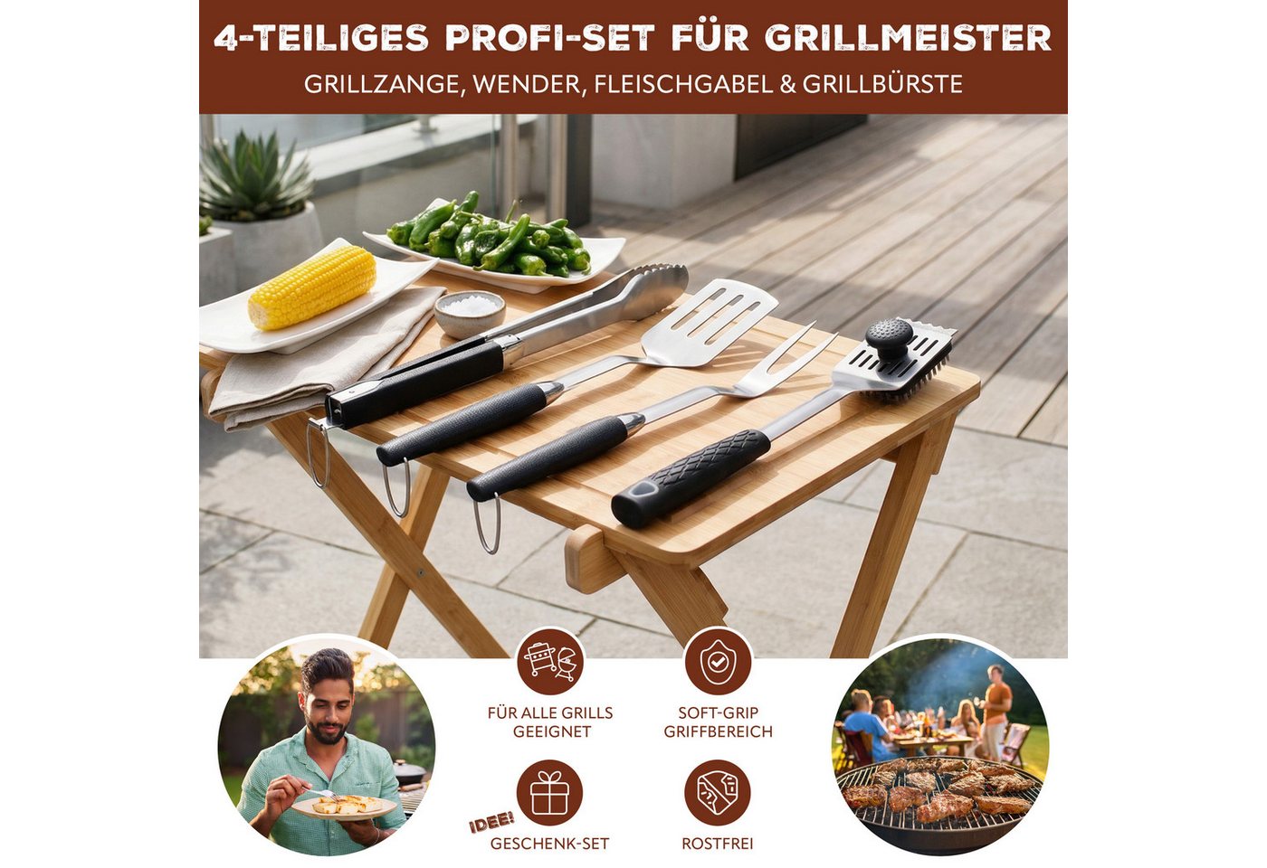 bremermann Grillbesteck-Set aus Edelstahl - Zange, Grillwender, Fleischgabel & Bürste, (1x Fleischgabel, 1x Wender, 1x Zange, 1x 2-in-1 Grillbürste + Zusatz-Bürstenelement, 4 tlg) Bild 4