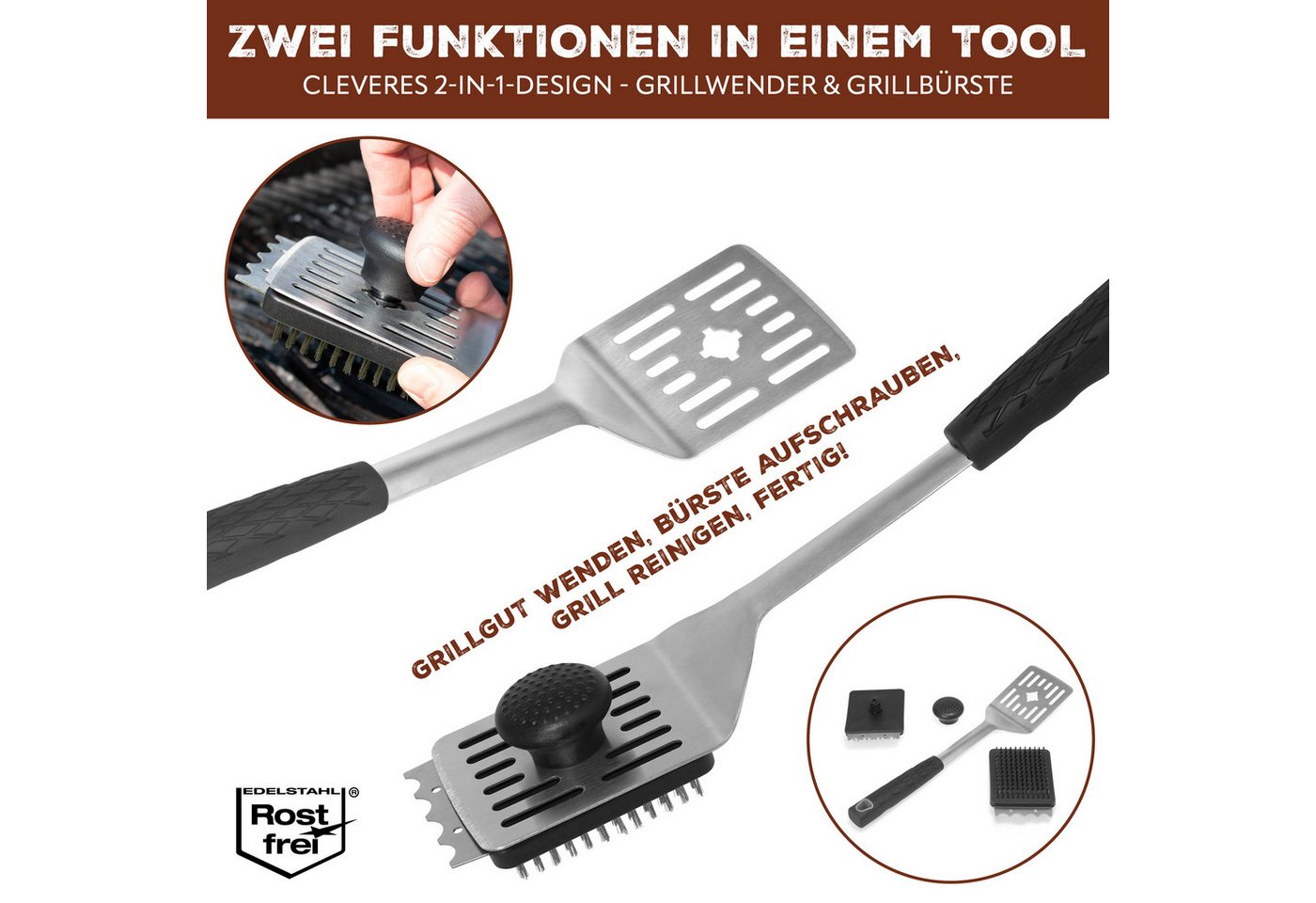 bremermann Grillbesteck-Set aus Edelstahl - Zange, Grillwender, Fleischgabel & Bürste, (1x Fleischgabel, 1x Wender, 1x Zange, 1x 2-in-1 Grillbürste + Zusatz-Bürstenelement, 4 tlg) Bild 5