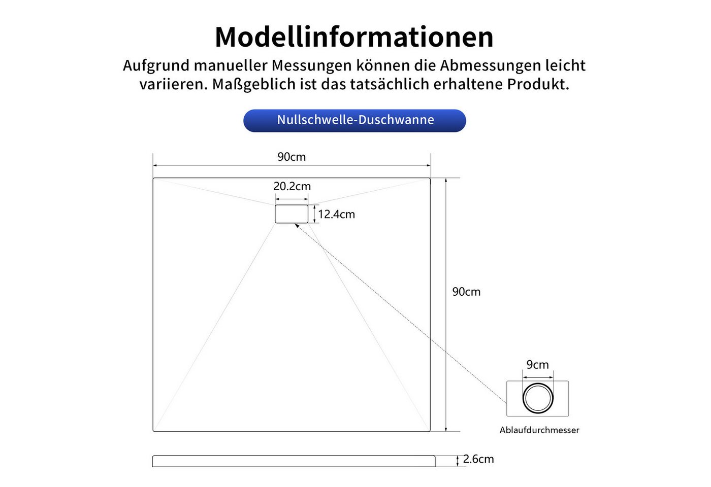 DeerValley Duschwanne DeerValley Duschwanne 120x90cm – SMC rutschfest mit Ablaufgarnitur, 90*90cm, SMC, Set, Duschwanne mit Ablaufgarnitur und Abdeckung, SMC Duschwanne 90x90 rutschfest mit Ablauf Bild 3