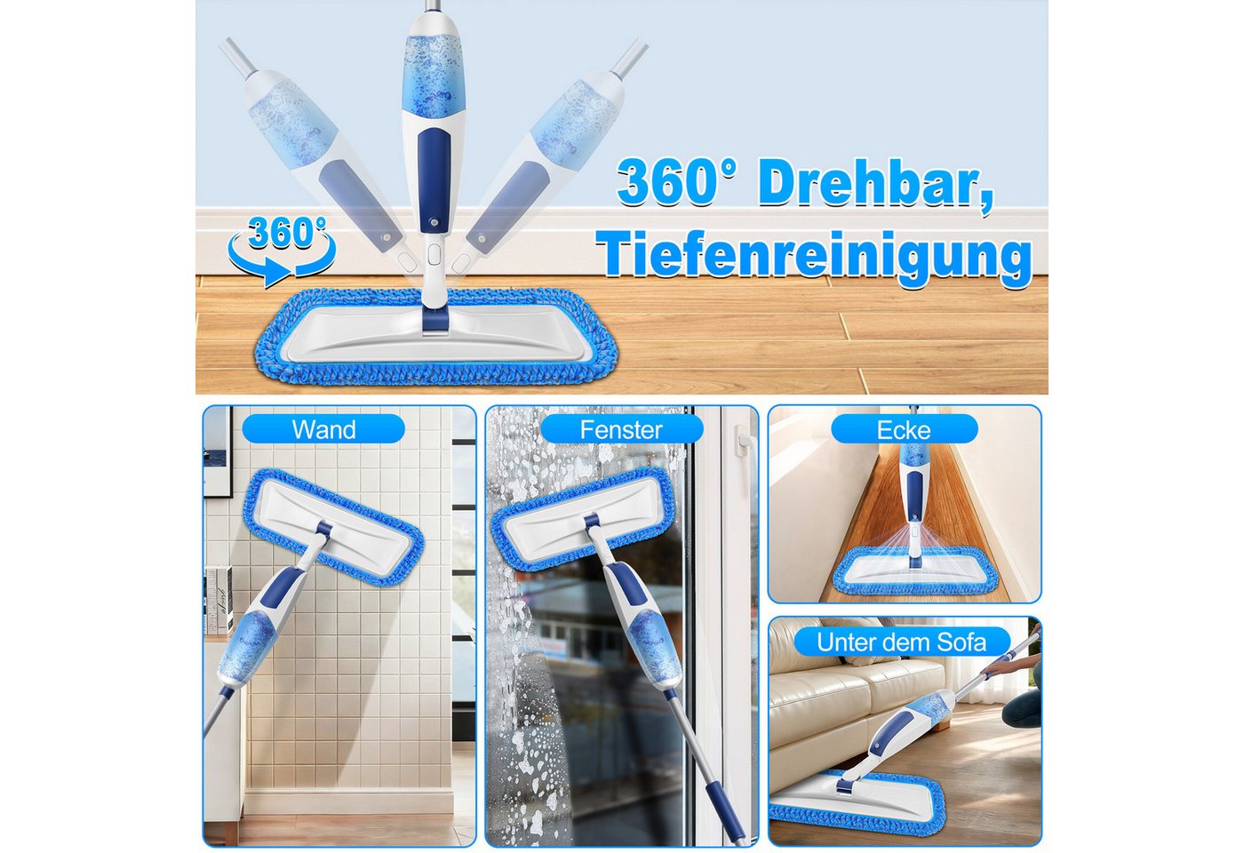 HUGERSTONE Sprühwischer Wischer mit Sprühfunktion, Bodenwischer für die Bodenreinigung (Wischmopp mit 550ML Nachfüllbare Wassertank und 3 Waschbare Pads) 360 Grad Rotierender Spray Mop für Laminat-Holz-Fliesen-Hartholz