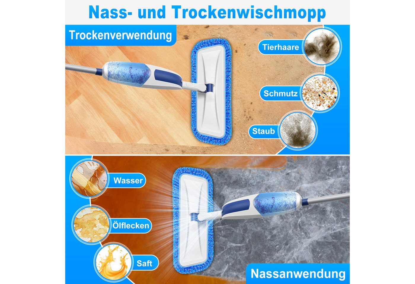HUGERSTONE Sprühwischer Wischer mit Sprühfunktion, Bodenwischer für die Bodenreinigung (Wischmopp mit 550ML Nachfüllbare Wassertank und 3 Waschbare Pads) 360 Grad Rotierender Spray Mop für Laminat-Holz-Fliesen-Hartholz Bild 4