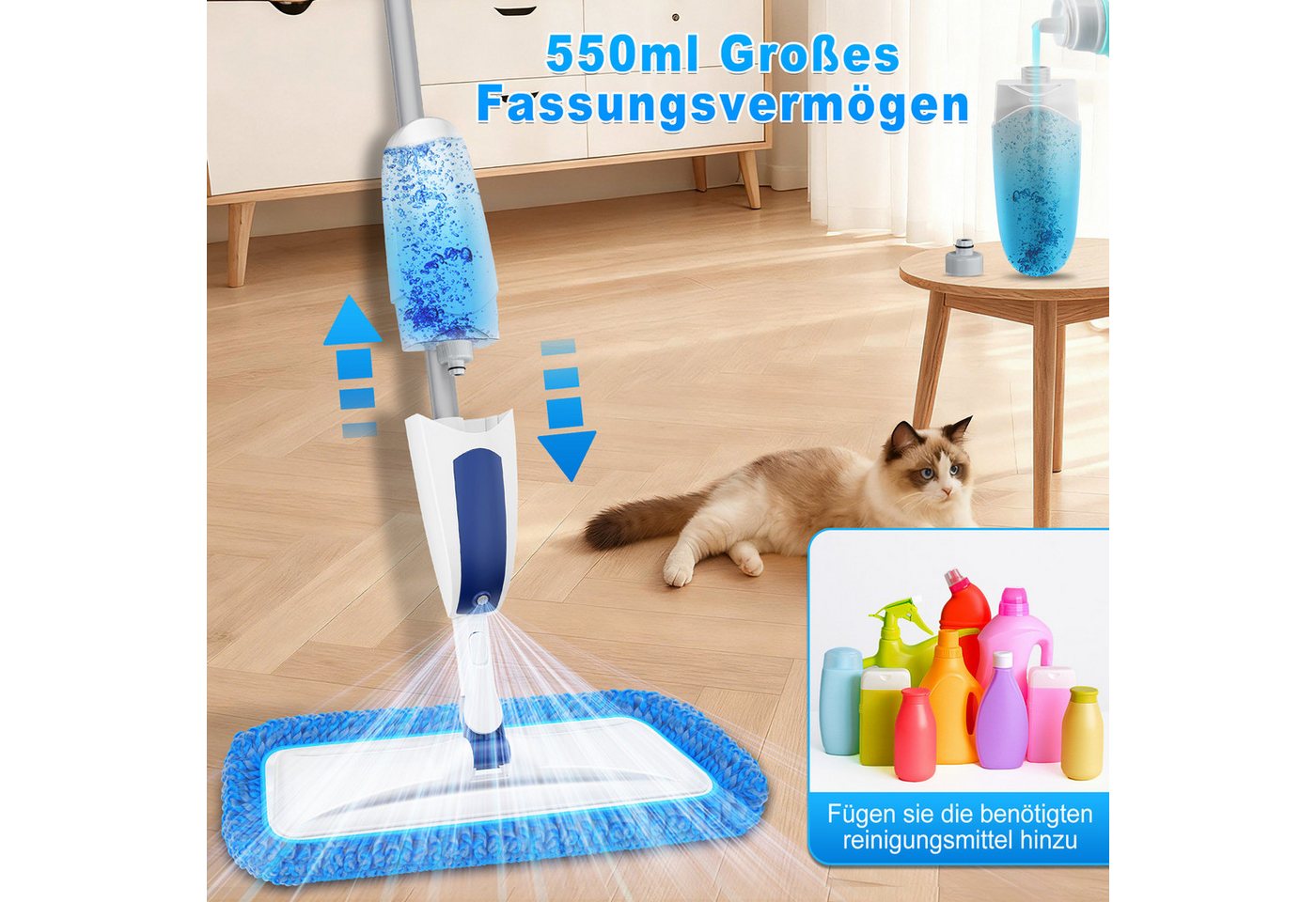 HUGERSTONE Sprühwischer Wischer mit Sprühfunktion, Bodenwischer für die Bodenreinigung (Wischmopp mit 550ML Nachfüllbare Wassertank und 3 Waschbare Pads) 360 Grad Rotierender Spray Mop für Laminat-Holz-Fliesen-Hartholz Bild 5