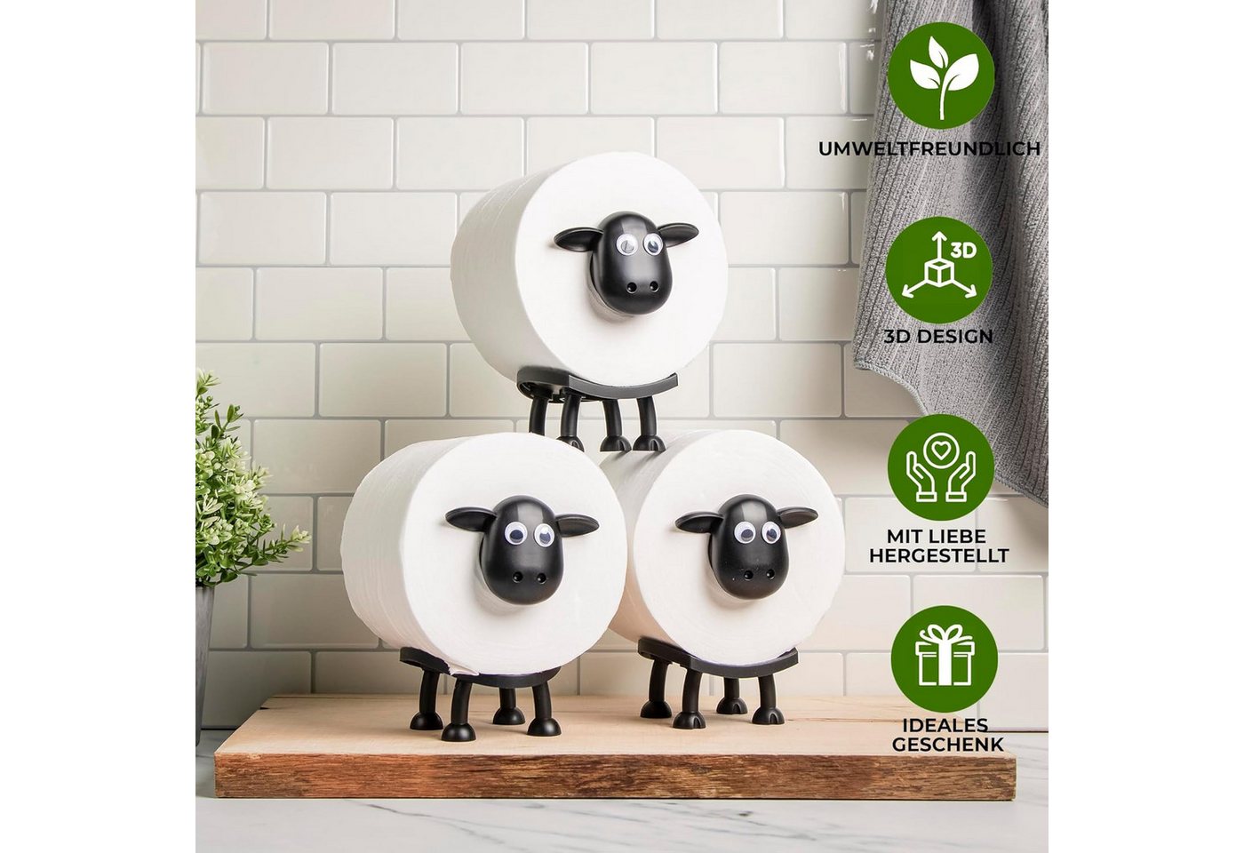 AIMAX Badaccessoire-Set Toilettenpapierhalter mit Schaf-Motiv, 3er Set, schwarz, freistehend, Lustiger Klorollenhalter aus Kunststoff, ohne Bohren, ohne Rollen