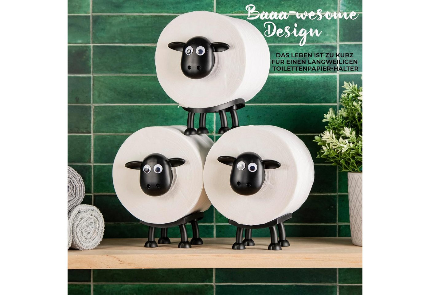 AIMAX Badaccessoire-Set Toilettenpapierhalter mit Schaf-Motiv, 3er Set, schwarz, freistehend, Lustiger Klorollenhalter aus Kunststoff, ohne Bohren, ohne Rollen Bild 2