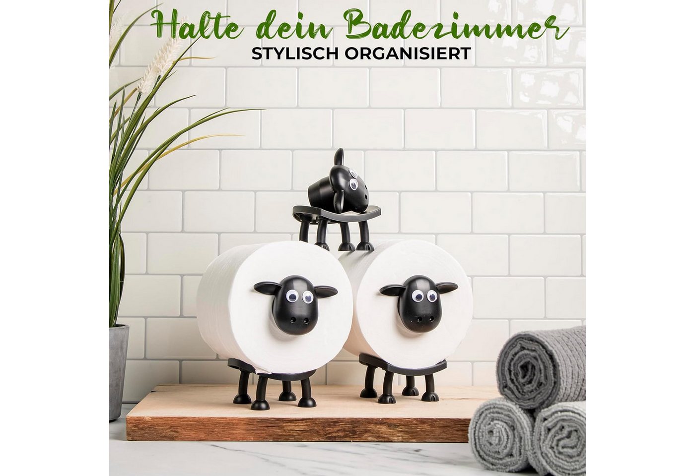 AIMAX Badaccessoire-Set Toilettenpapierhalter mit Schaf-Motiv, 3er Set, schwarz, freistehend, Lustiger Klorollenhalter aus Kunststoff, ohne Bohren, ohne Rollen Bild 4