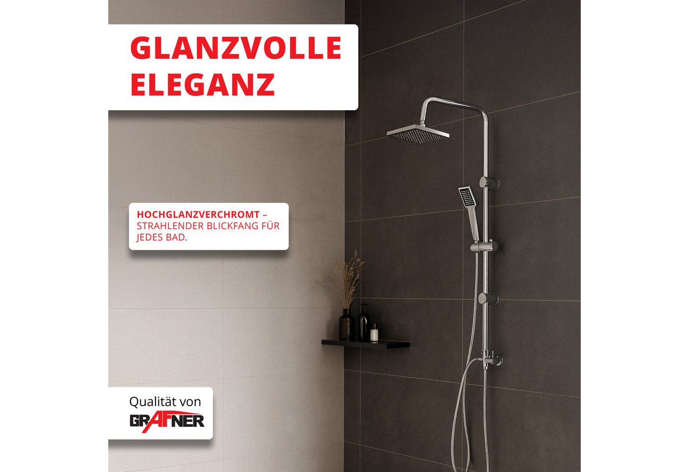 Grafner Duschsystem Duschgarnitur mit Regenschauerduschkopf Handbrause Duschsäule, Höhe 100 cm, 2 Strahlart(en), Set, 10 tlg., Brauseschlauch, INkl. Handbrause, Wandhalter, Regenschauerduschkopf, chrom Bild 2