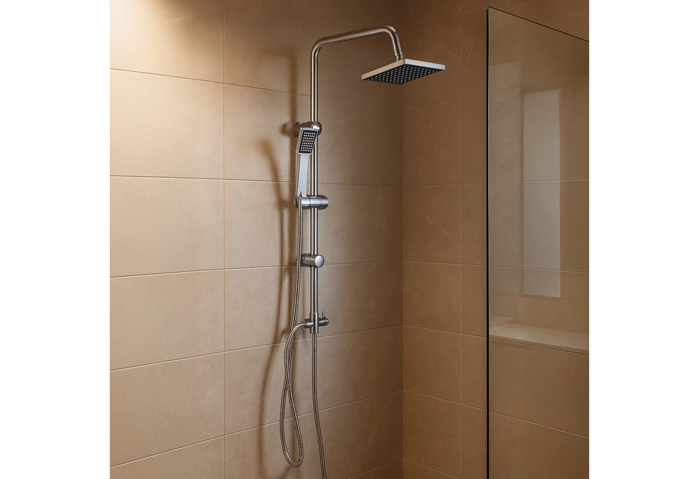 Grafner Duschsystem Duschgarnitur mit Regenschauerduschkopf Handbrause Duschsäule, Höhe 100 cm, 2 Strahlart(en), Set, 10 tlg., Brauseschlauch, INkl. Handbrause, Wandhalter, Regenschauerduschkopf, chrom Bild 4