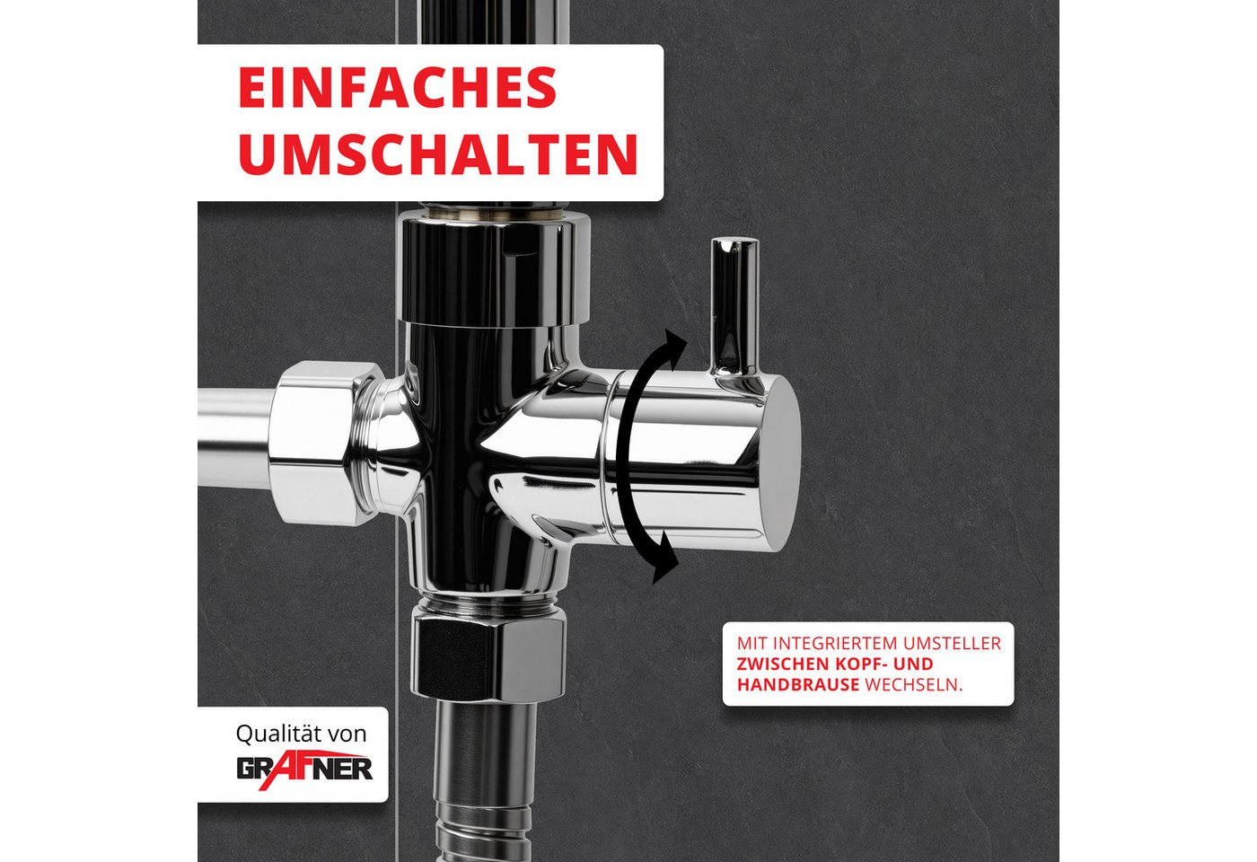 Grafner Duschsystem Duschgarnitur mit Regenschauerduschkopf Handbrause Duschsäule, Höhe 100 cm, 2 Strahlart(en), Set, 10 tlg., Brauseschlauch, INkl. Handbrause, Wandhalter, Regenschauerduschkopf, chrom Bild 5