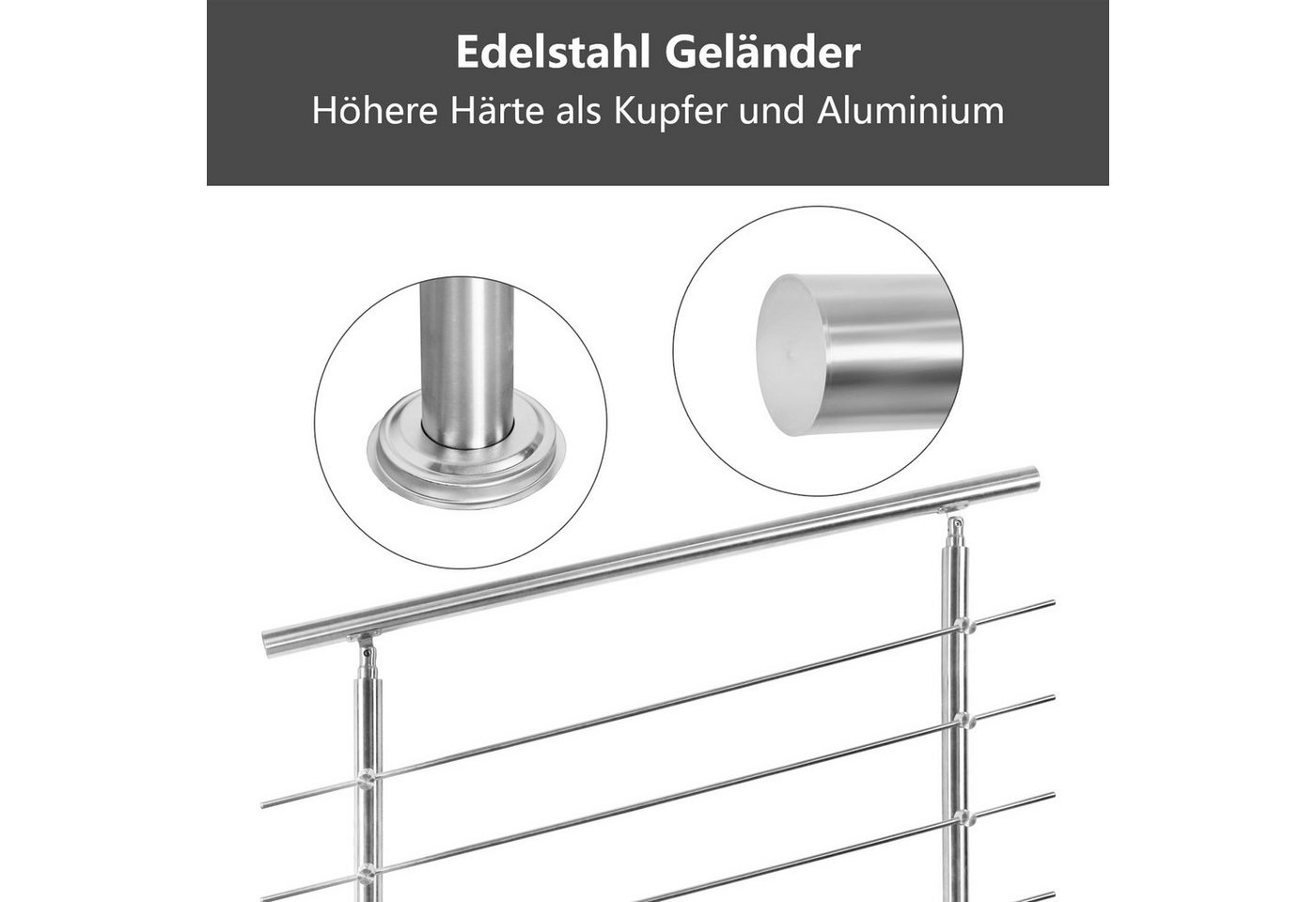 Clanmacy Treppengeländer Edelstahl Ø 42mm für Innen&Außen Treppenhaus 80 -160cm 0-5 Querstäbe, 100 cm Länge, mit 3 Pfosten, für Brüstung Balkon Garten Bild 4