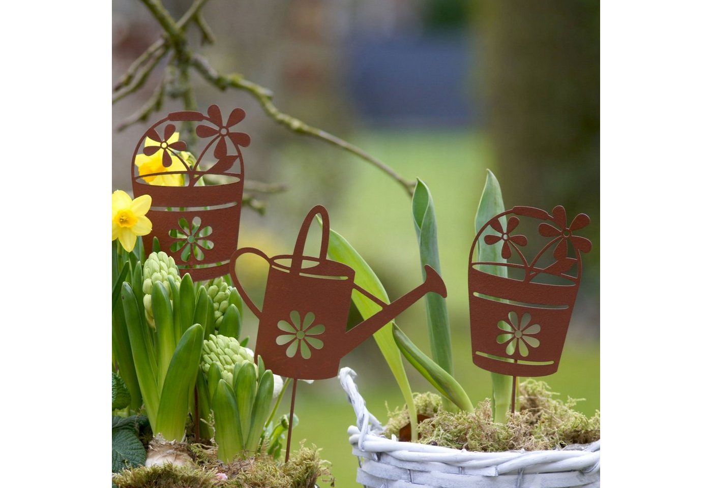 UNUS GARDEN Gartenstecker Gartenstecker Metall Rostoptik Gießkanne Blumentöpfe Deko (3-St., 3er Set) Roststecker Gartenstecker Beetstecker Rostdeko Garten Ostern Frühling