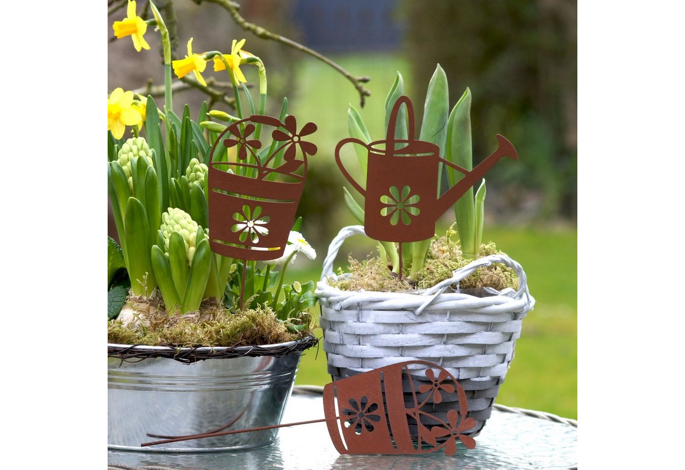 UNUS GARDEN Gartenstecker Gartenstecker Metall Rostoptik Gießkanne Blumentöpfe Deko (3-St., 3er Set) Roststecker Gartenstecker Beetstecker Rostdeko Garten Ostern Frühling Bild 3