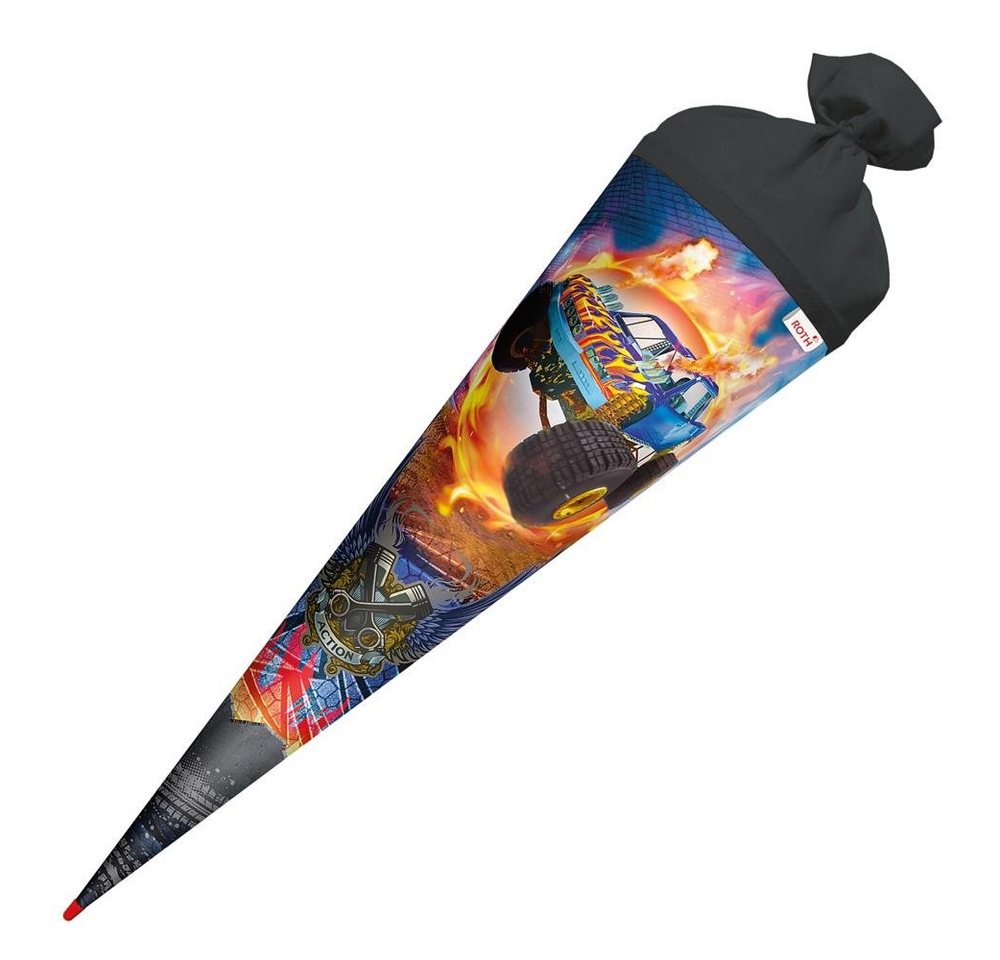 Roth Schultüte Monstertruck Fire, 70 cm, rund, mit schwarzem Filzverschluss, Rot(h) Spitze