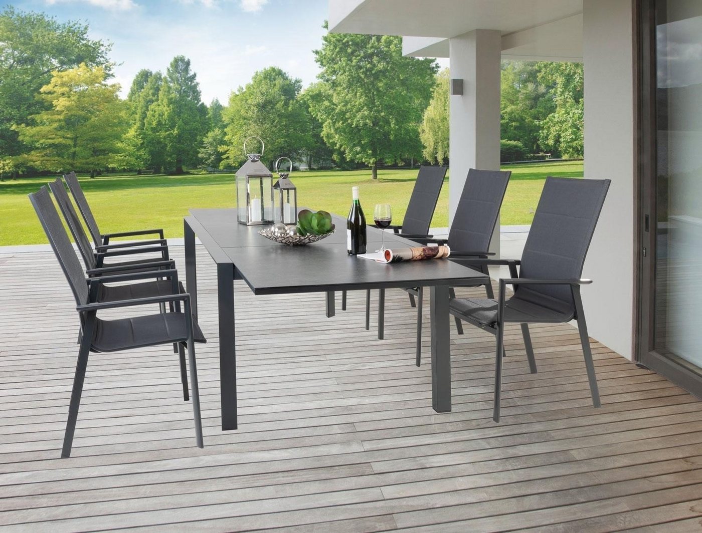 Outdoor Gartentisch LIVORNO, Ausziehbar, Anthrazit, Sicherheitsglas, Aluminium, 3D-Effekt, B 220/340 x H 75 x T 106,5 cm