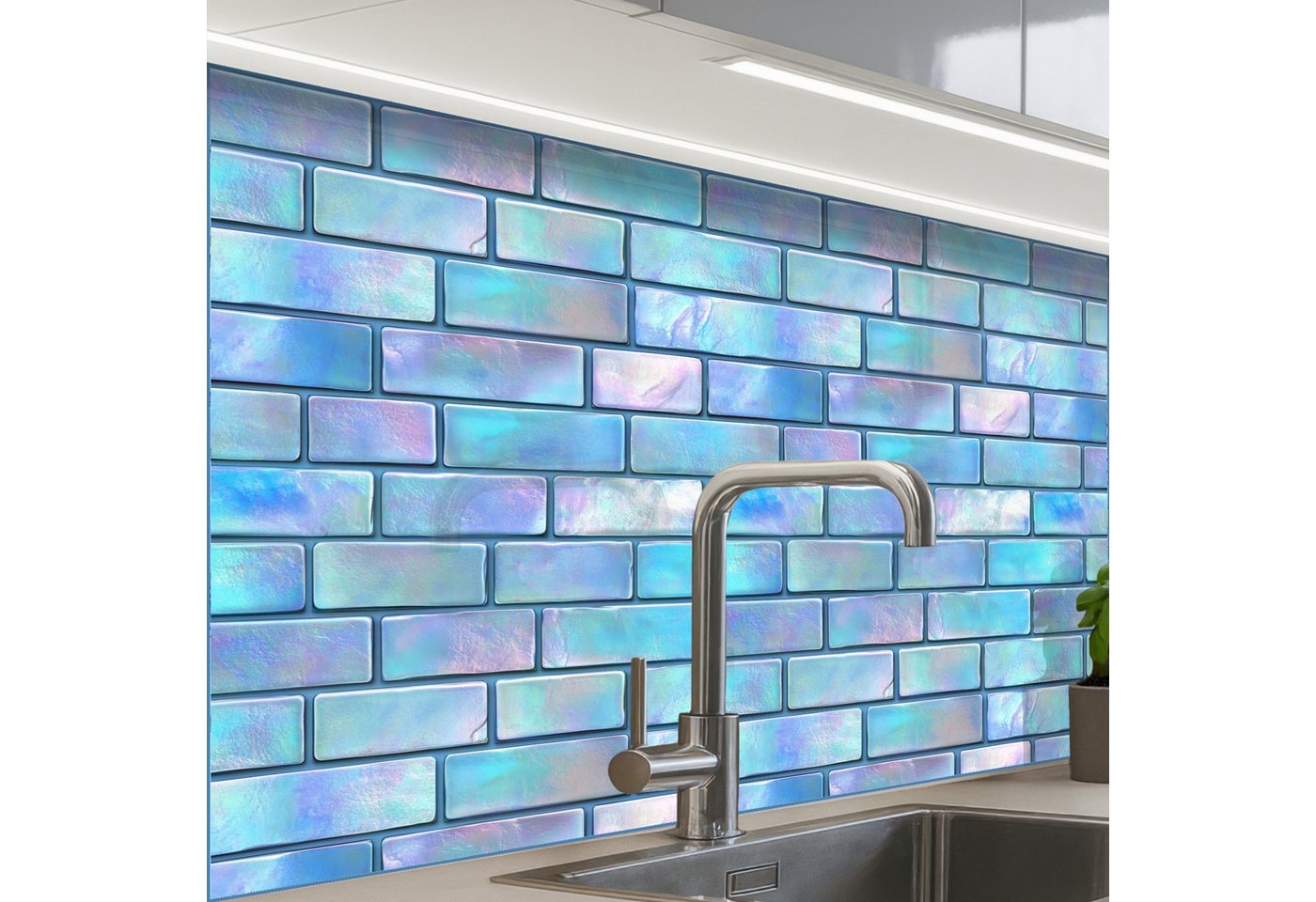 KitchenYeah Küchenrückwand Muster selbstklebend (keine Folie) Blau - Glanz - Wand, (1-tlg), Spritzschutz, Küche, Rückwand, Küchenwand, Küchenfront, 30x20 cm