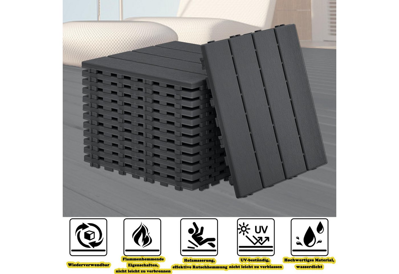 FIVMEN Terrassendielen 30x30cm Fliesen Balkonfliesen Terrassenfliesen in Holzoptik, Anthrazit, (22-St), für Terrassen, Gärten, Schwimmbäder Bild 5