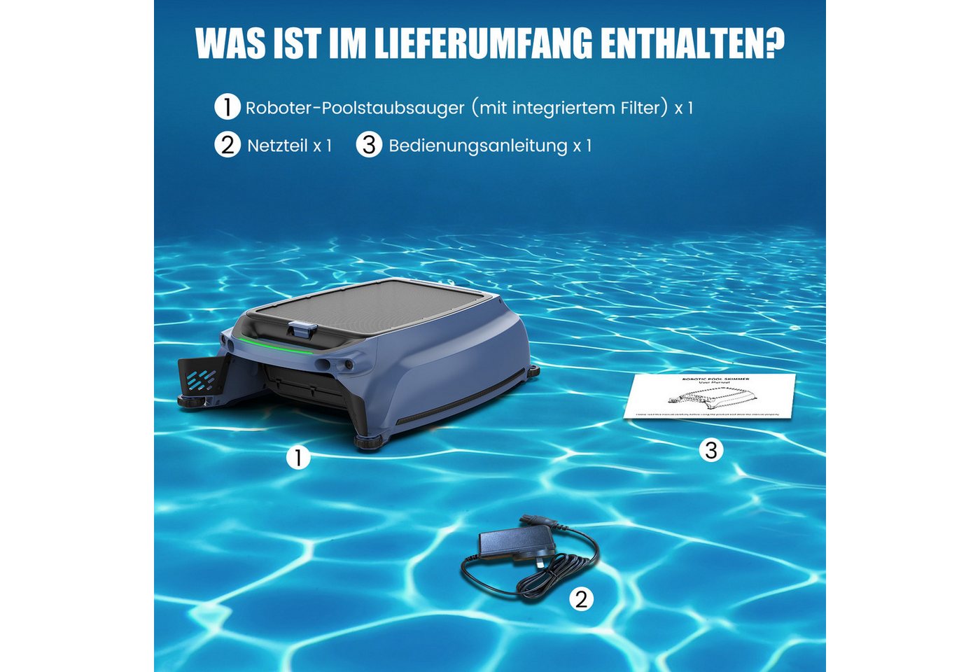AIRROBO Poolroboter SP200 poolroboter akku,Solar Skimmer Roboter Poolreiniger, (Packung, automatische Oberflächenreinigung, Hinderniserkennung), zwei Ladeoptionen, App-Steuerung rund um die Uhr