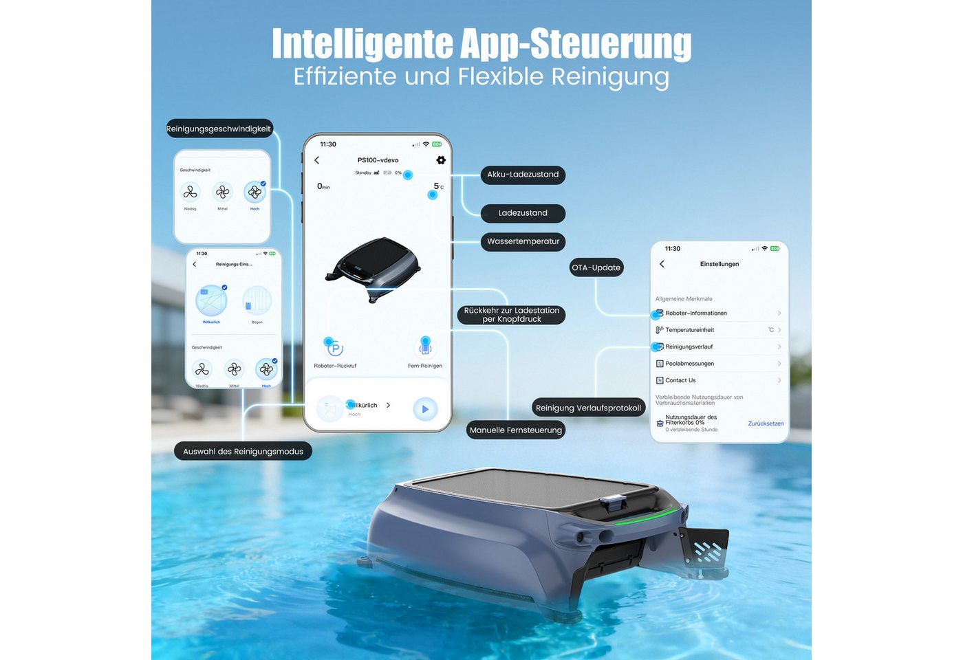 AIRROBO Poolroboter SP200 poolroboter akku,Solar Skimmer Roboter Poolreiniger, (Packung, automatische Oberflächenreinigung, Hinderniserkennung), zwei Ladeoptionen, App-Steuerung rund um die Uhr Bild 4