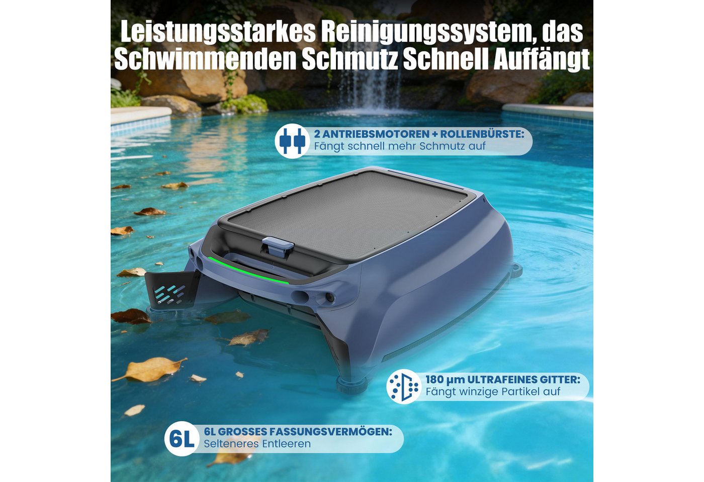AIRROBO Poolroboter SP200 poolroboter akku,Solar Skimmer Roboter Poolreiniger, (Packung, automatische Oberflächenreinigung, Hinderniserkennung), zwei Ladeoptionen, App-Steuerung rund um die Uhr Bild 5