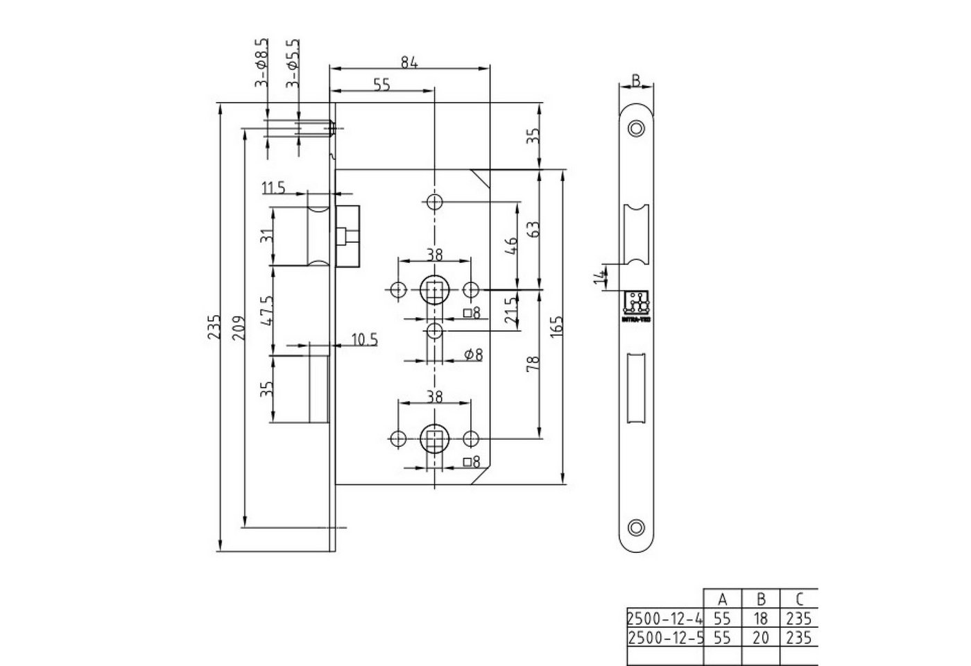 INTRA-TEC Einsteckschloss WC-Türschloss, Dornmaß 55 mm, 1-tlg., Entfernung 78 mm, Stulp 20 × 235 mm, DIN L/R, Edelstahl-Stulpe Bild 3