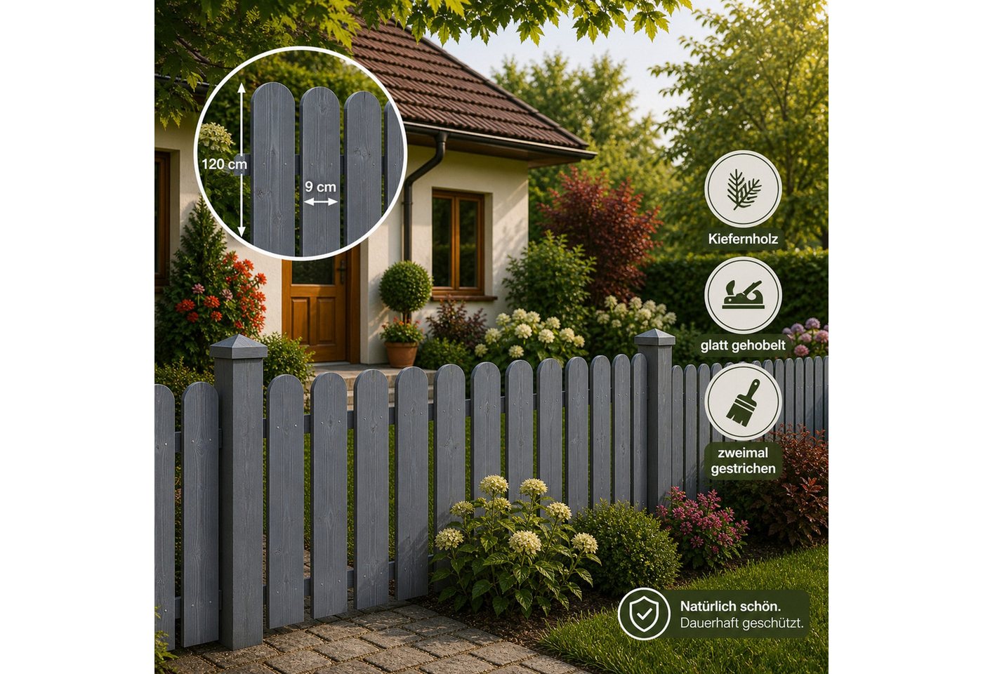 QLS Holzzaun 1 Stk. Zaunlatte 120 cm in 2 Farben, Holz Brett Kiefer Fichte Gehobelt Gartenzaun