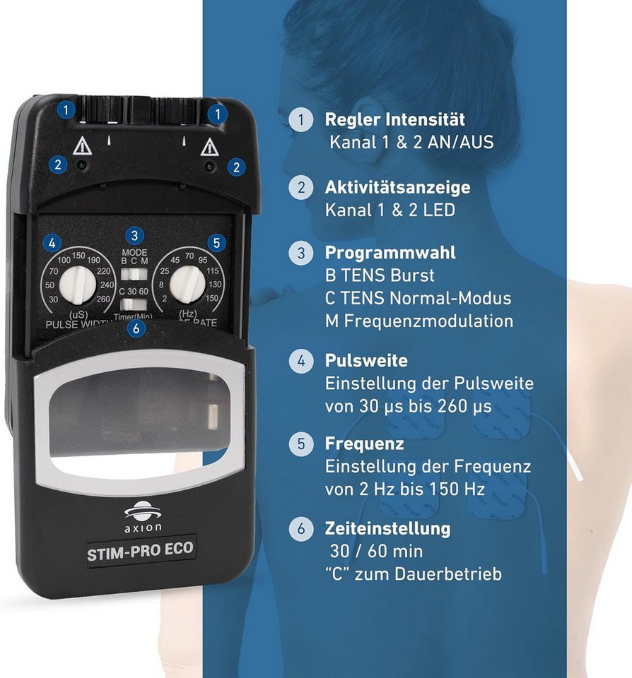 Axion TENS-Gerät STIM-PRO Eco TENS Gerät gegen Schmerzen mit 9V Li-Ion Akku, Medizinprodukt nach MDR (EU) 2017/745 Bild 2
