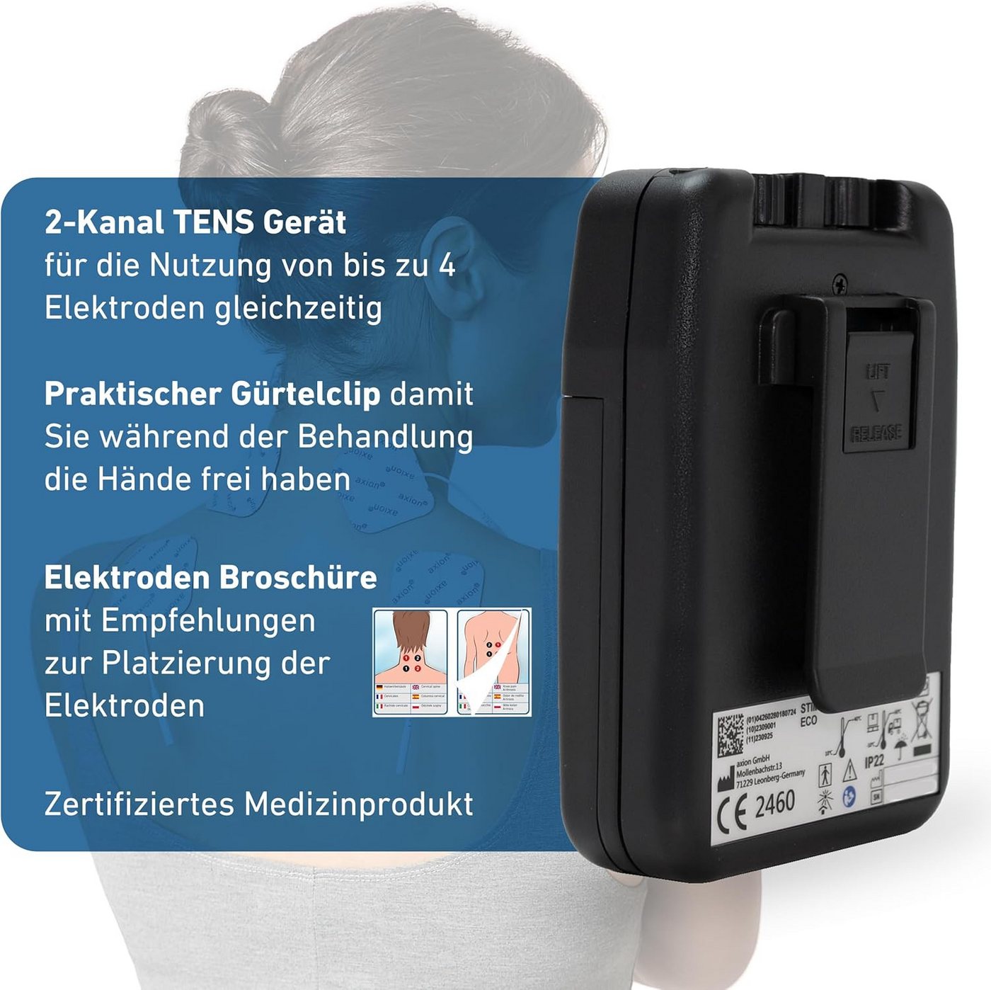 Axion TENS-Gerät STIM-PRO Eco TENS Gerät gegen Schmerzen mit 9V Li-Ion Akku, Medizinprodukt nach MDR (EU) 2017/745 Bild 4