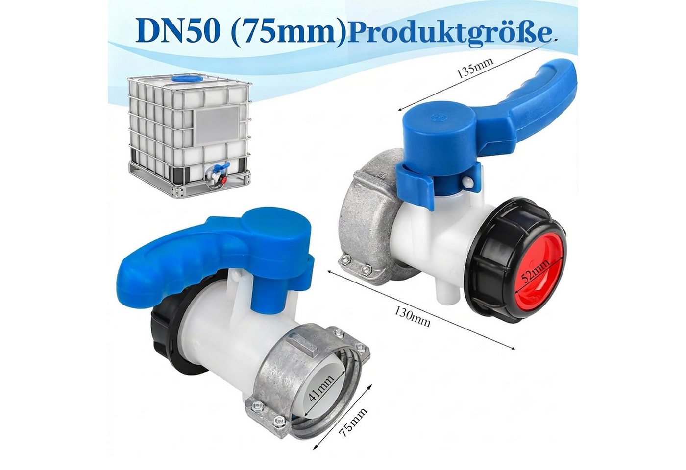 JOYOLEDER Absperrventil IBC Wassertankadapter, DN40/DN50 IBC Absperrhahn Auslaufhahn, (Klappenhahn mit Aluminium-Überwurfmutter, für 1000L IBC Container, Wassertank, Regentonne) Bild 2