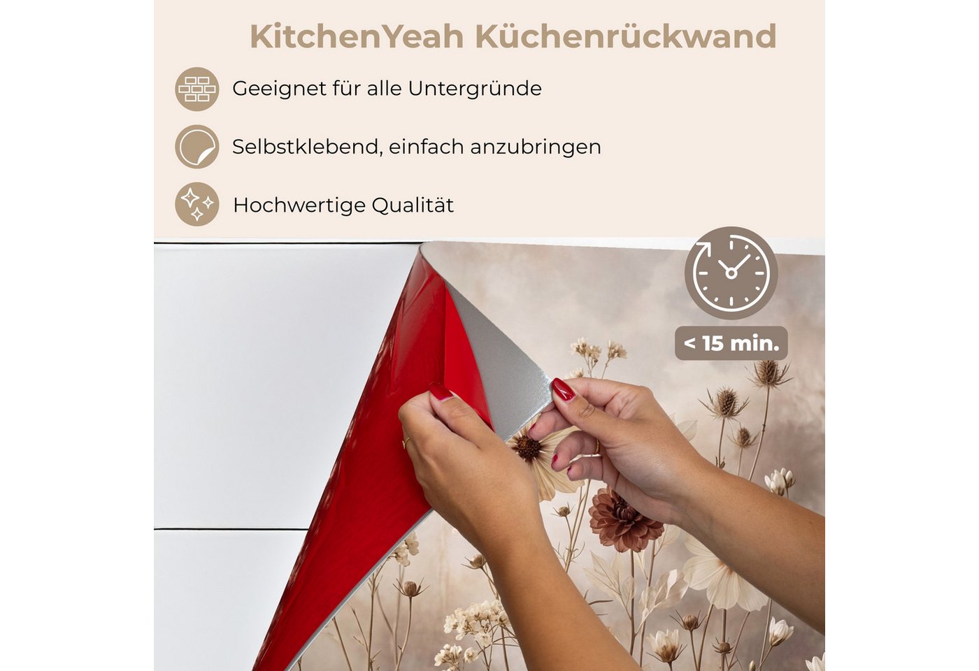 KitchenYeah Küchenrückwand selbstklebend (keine Folie) Wilde Blumen - Botanisch - Vintage - Natur, (1-tlg), Spritzschutz, Küche, Rückwand, Küchenwand, Küchenfront, 80x60 cm