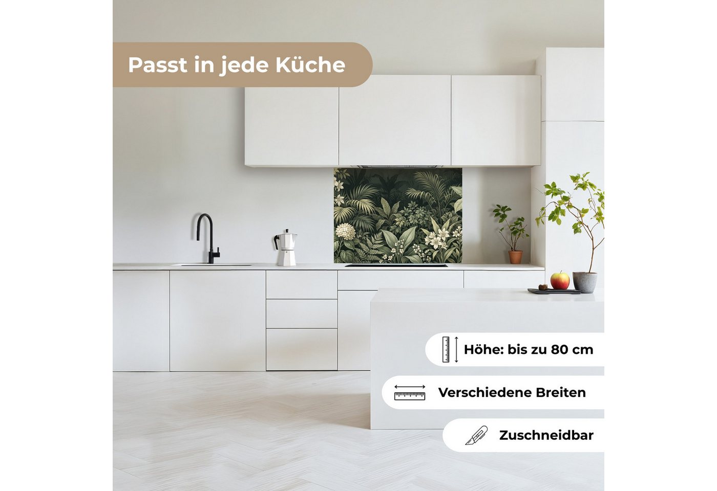 KitchenYeah Küchenrückwand selbstklebend (keine Folie) Dschungel - Blätter - Botanisch - Grün, (1-tlg), Spritzschutz, Küche, Rückwand, Küchenwand, Küchenfront, 80x60 cm Bild 3
