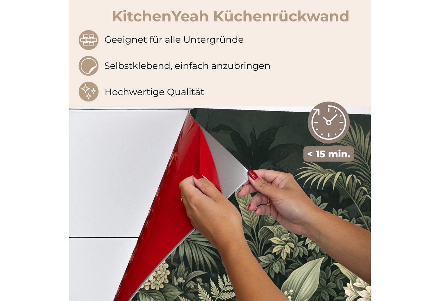 KitchenYeah Küchenrückwand selbstklebend (keine Folie) Dschungel - Blätter - Botanisch - Grün, (1-tlg), Spritzschutz, Küche, Rückwand, Küchenwand, Küchenfront, 80x60 cm Bild 4