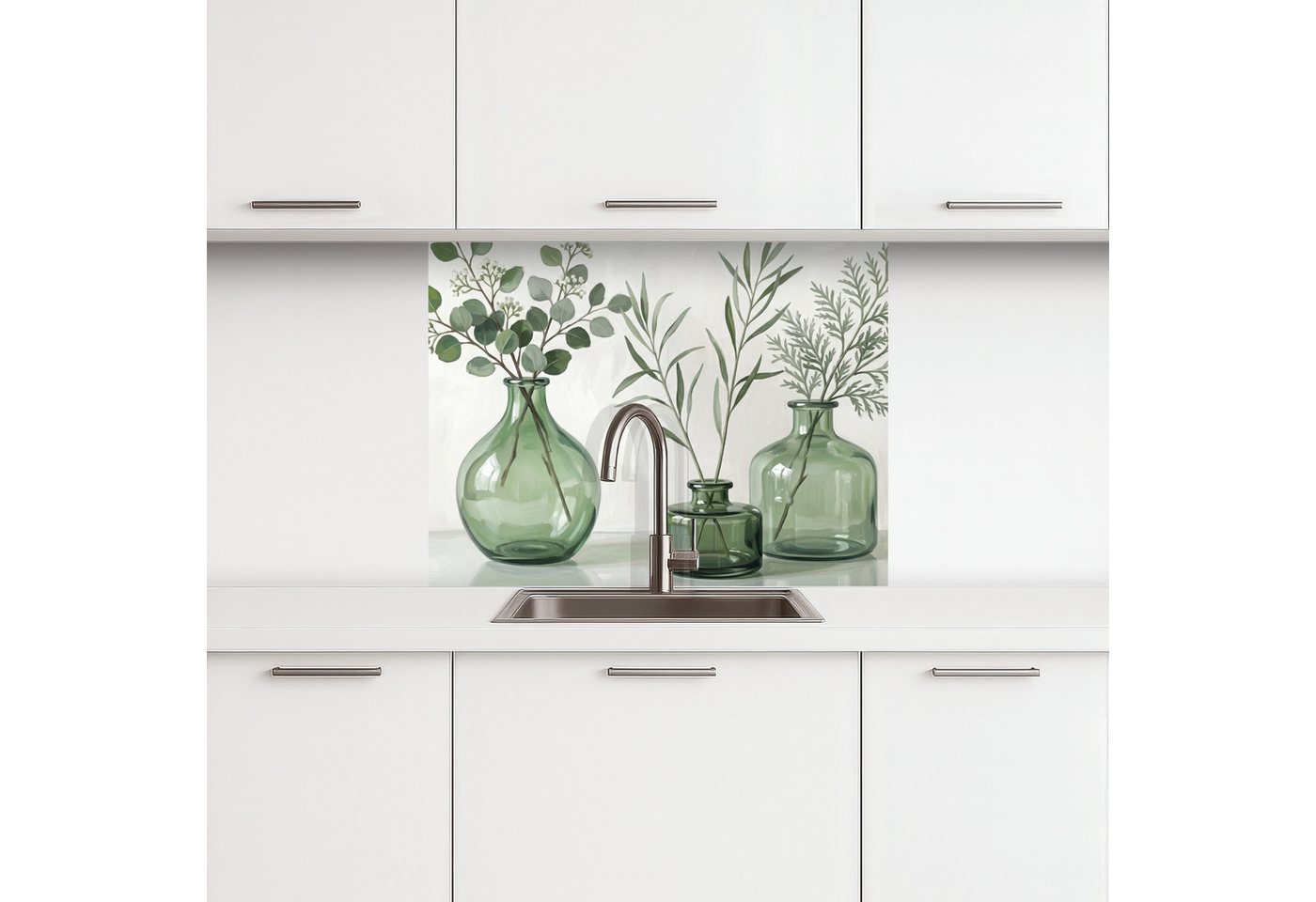 KitchenYeah Küchenrückwand selbstklebend (keine Folie) Vasen - Blätter - Grün, (1-tlg), Spritzschutz, Küche, Rückwand, Küchenwand, Küchenfront, 80x60 cm