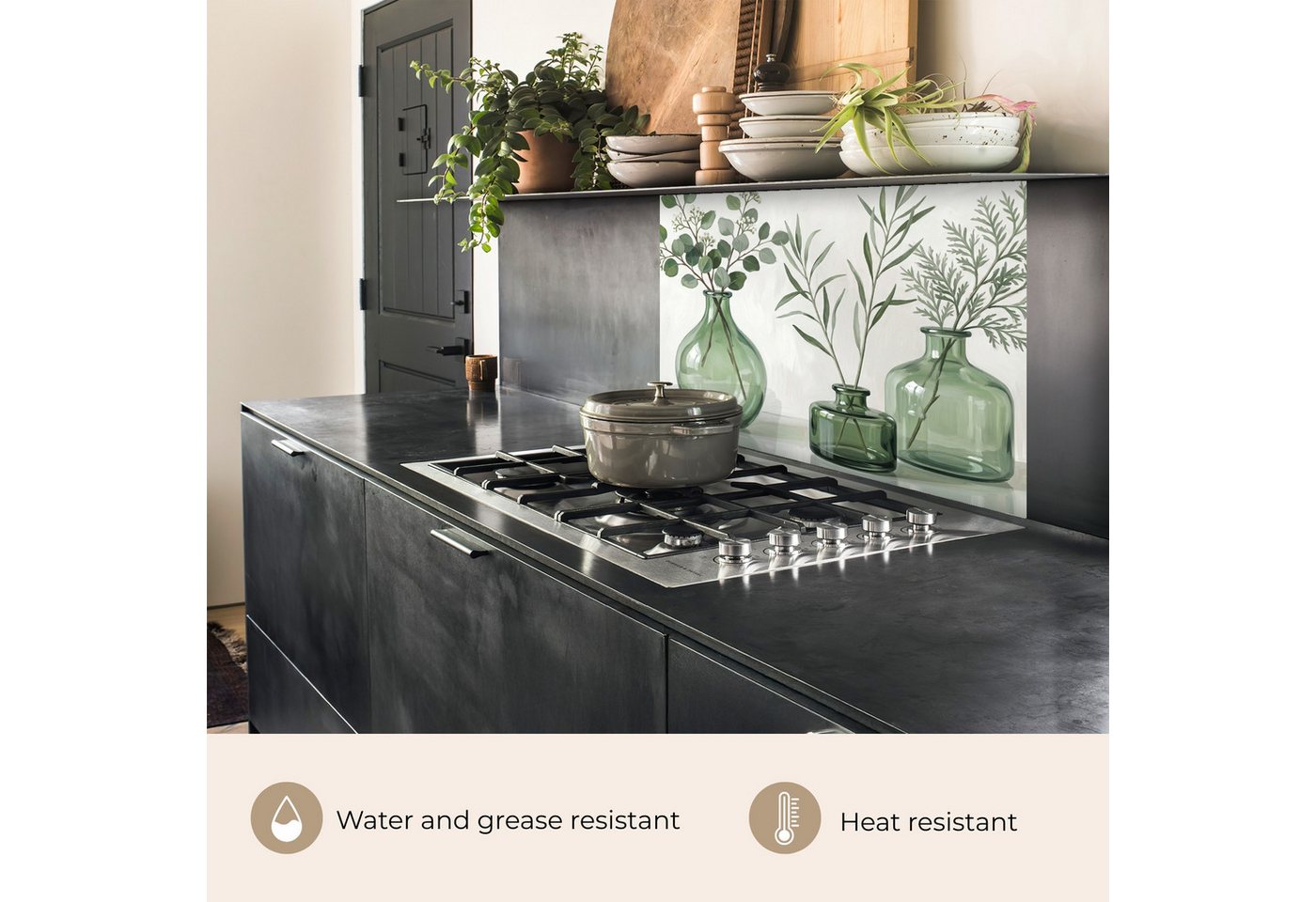 KitchenYeah Küchenrückwand selbstklebend (keine Folie) Vasen - Blätter - Grün, (1-tlg), Spritzschutz, Küche, Rückwand, Küchenwand, Küchenfront, 80x60 cm Bild 2