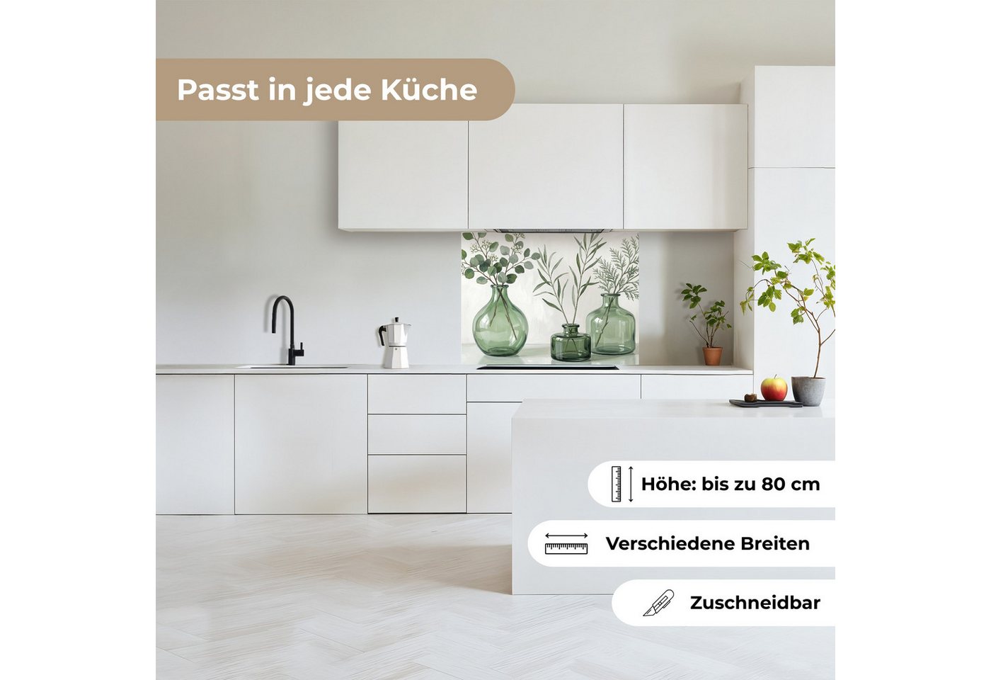 KitchenYeah Küchenrückwand selbstklebend (keine Folie) Vasen - Blätter - Grün, (1-tlg), Spritzschutz, Küche, Rückwand, Küchenwand, Küchenfront, 80x60 cm Bild 3