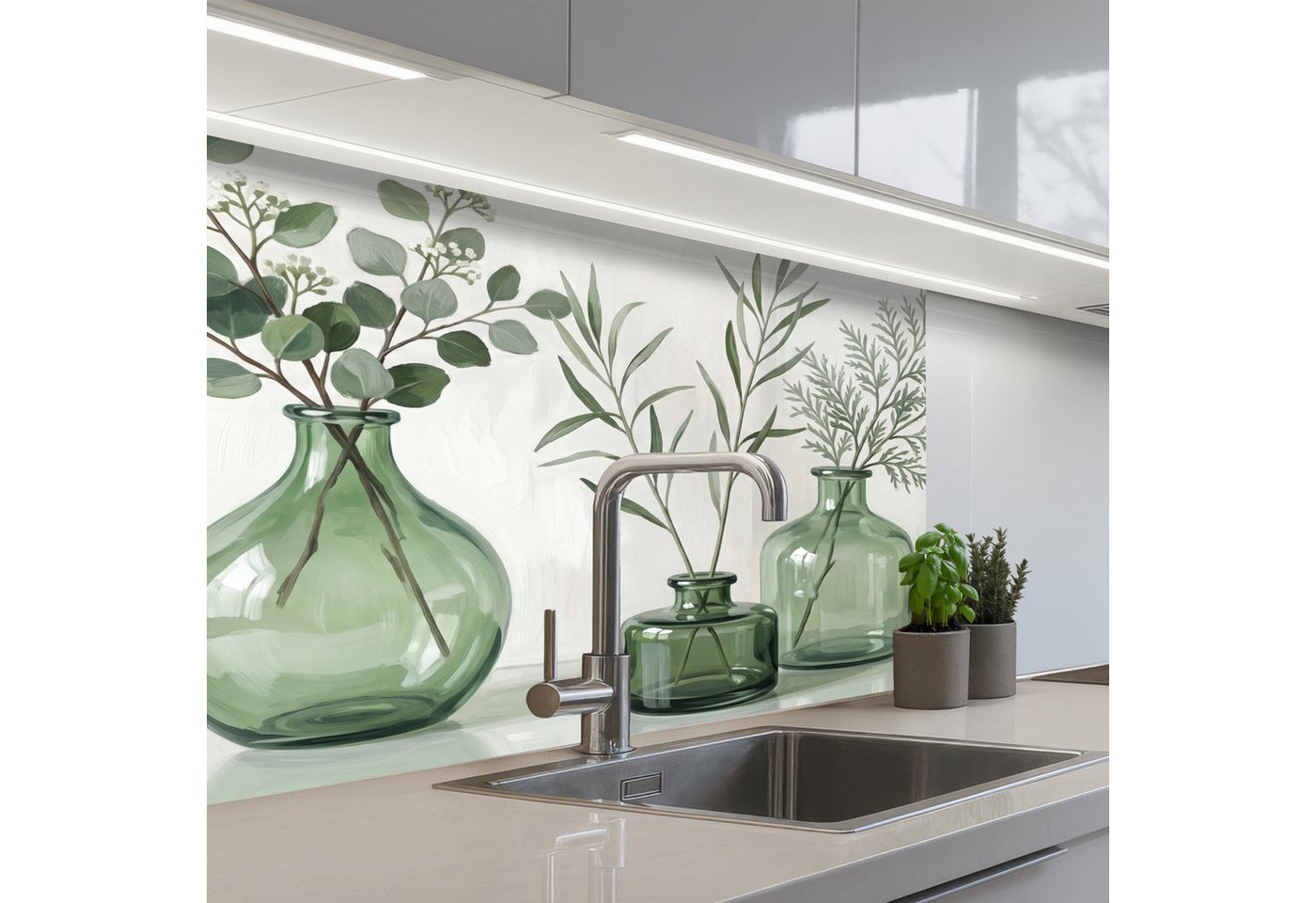 KitchenYeah Küchenrückwand selbstklebend (keine Folie) Vasen - Blätter - Grün, (1-tlg), Spritzschutz, Küche, Rückwand, Küchenwand, Küchenfront, 80x60 cm Bild 4