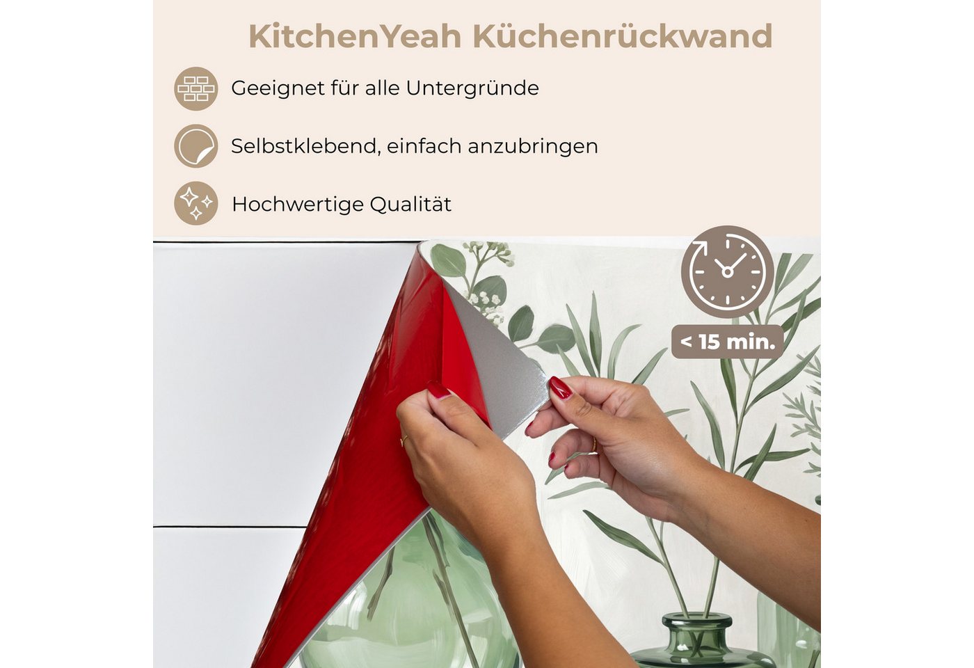 KitchenYeah Küchenrückwand selbstklebend (keine Folie) Vasen - Blätter - Grün, (1-tlg), Spritzschutz, Küche, Rückwand, Küchenwand, Küchenfront, 80x60 cm Bild 5