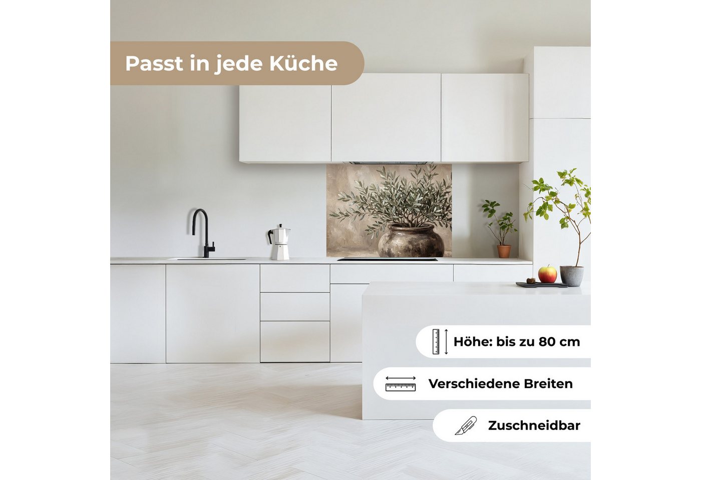 KitchenYeah Küchenrückwand selbstklebend (keine Folie) Olivenpflanze - Tontopf - Abstrakt - Beige, (1-tlg), Spritzschutz, Küche, Rückwand, Küchenwand, Küchenfront, 80x60 cm