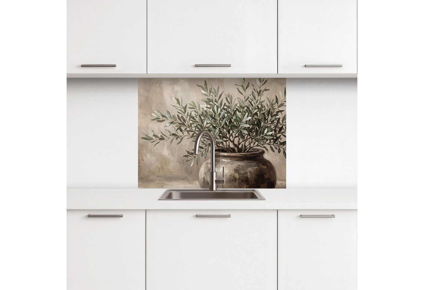 KitchenYeah Küchenrückwand selbstklebend (keine Folie) Olivenpflanze - Tontopf - Abstrakt - Beige, (1-tlg), Spritzschutz, Küche, Rückwand, Küchenwand, Küchenfront, 80x60 cm Bild 2