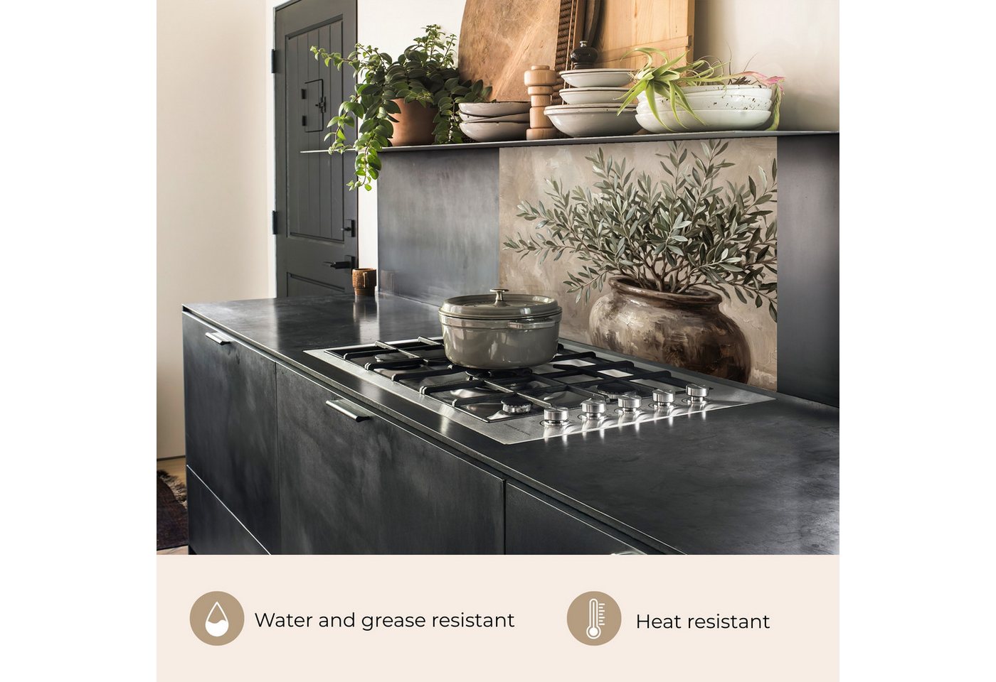 KitchenYeah Küchenrückwand selbstklebend (keine Folie) Olivenpflanze - Tontopf - Abstrakt - Beige, (1-tlg), Spritzschutz, Küche, Rückwand, Küchenwand, Küchenfront, 80x60 cm Bild 3