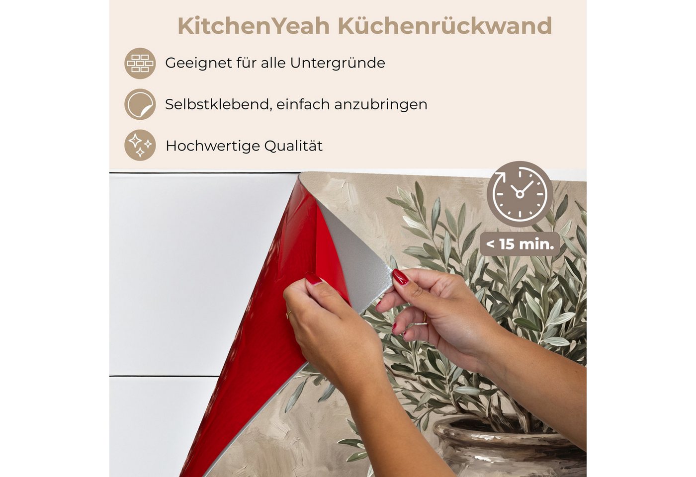 KitchenYeah Küchenrückwand selbstklebend (keine Folie) Olivenpflanze - Tontopf - Abstrakt - Beige, (1-tlg), Spritzschutz, Küche, Rückwand, Küchenwand, Küchenfront, 80x60 cm Bild 4