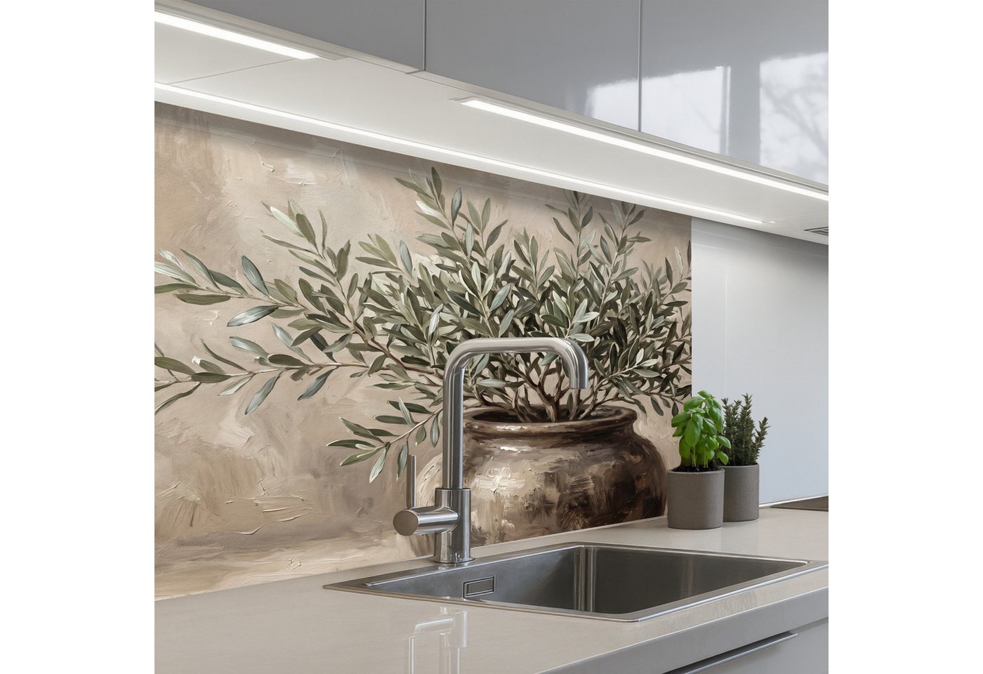 KitchenYeah Küchenrückwand selbstklebend (keine Folie) Olivenpflanze - Tontopf - Abstrakt - Beige, (1-tlg), Spritzschutz, Küche, Rückwand, Küchenwand, Küchenfront, 80x60 cm Bild 5